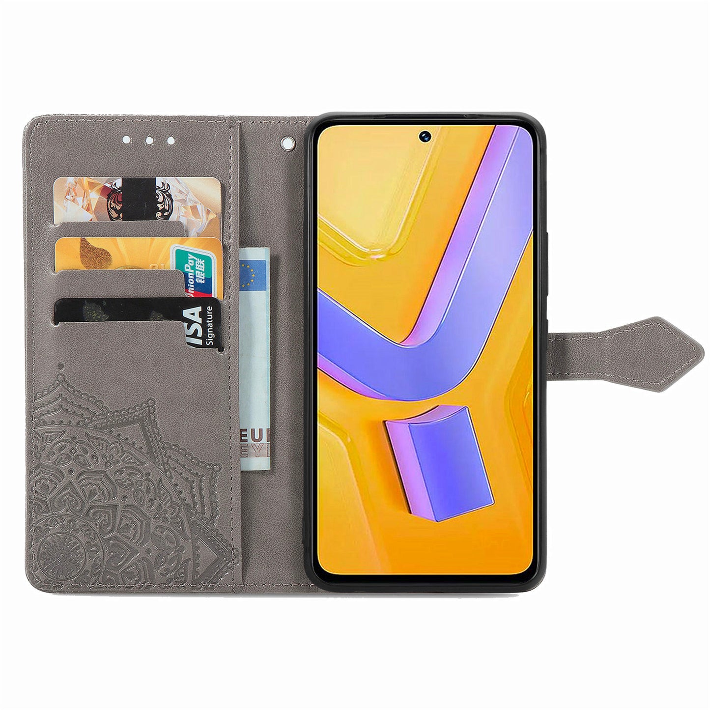 For vivo V40 SE 5G Case Embossed Mandala Leather Phone Cover Magnetic Flip Wallet - Grey