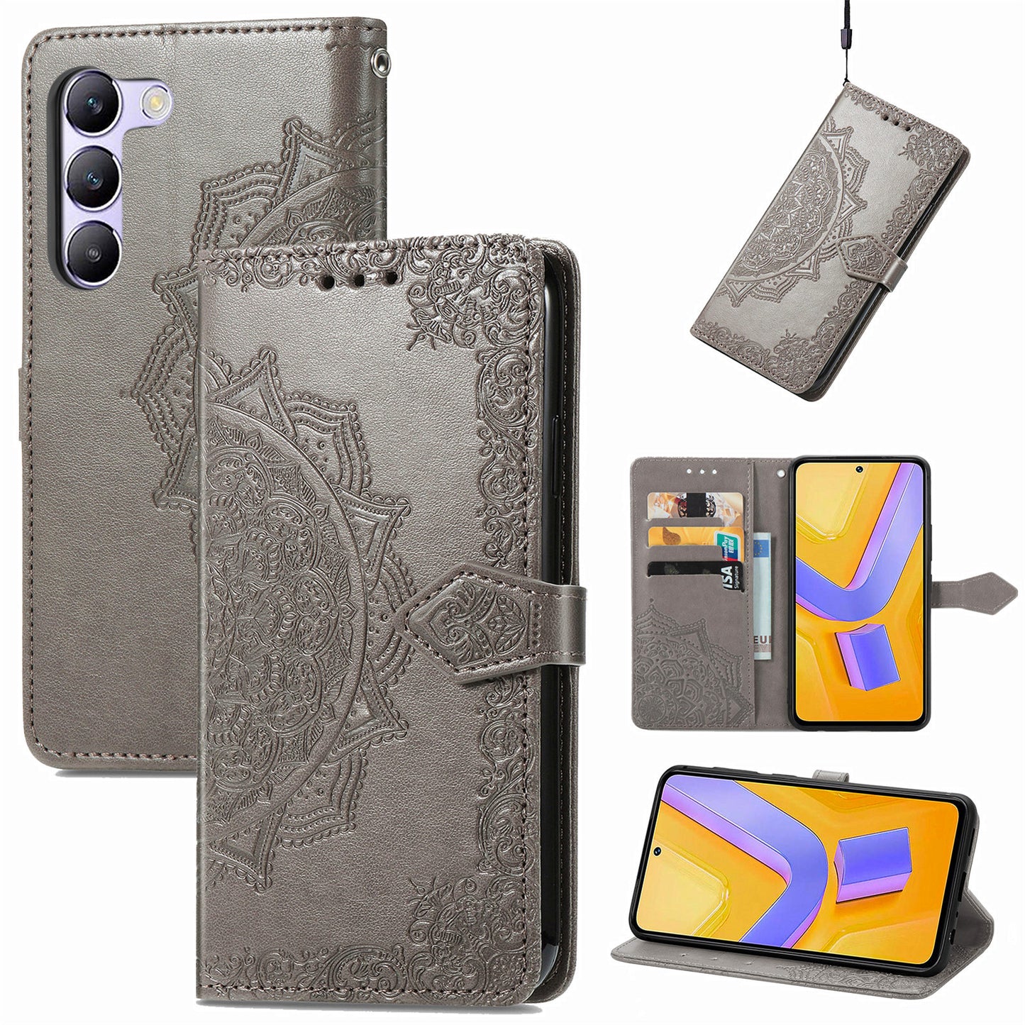 For vivo V40 SE 5G Case Embossed Mandala Leather Phone Cover Magnetic Flip Wallet - Grey