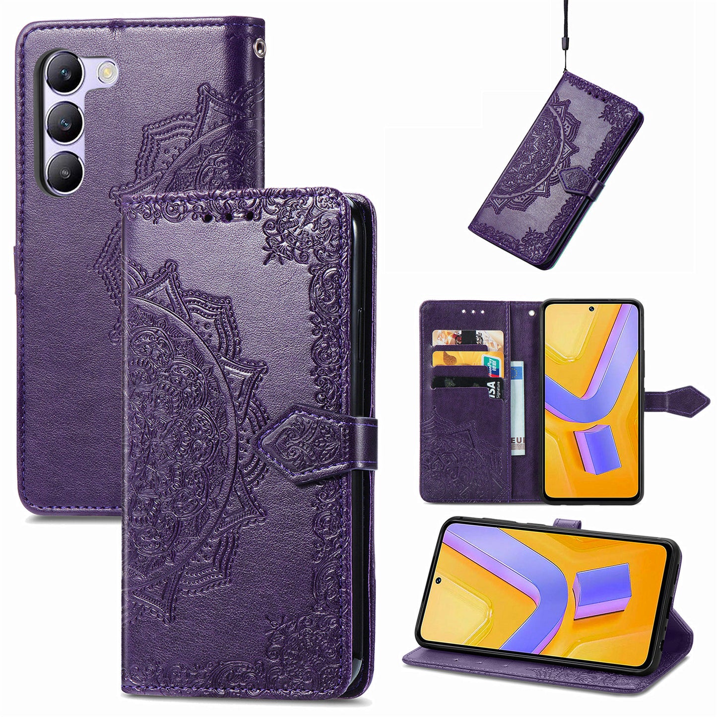 For vivo V40 SE 5G Case Embossed Mandala Leather Phone Cover Magnetic Flip Wallet - Purple