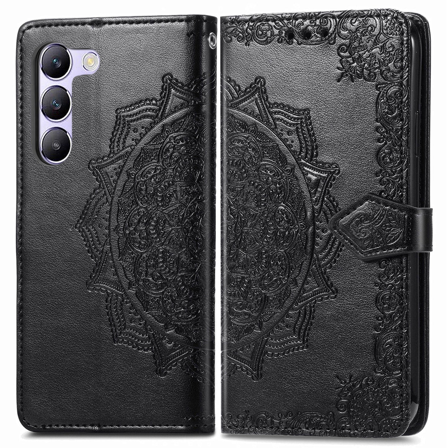 For vivo V40 SE 5G Case Embossed Mandala Leather Phone Cover Magnetic Flip Wallet - Black