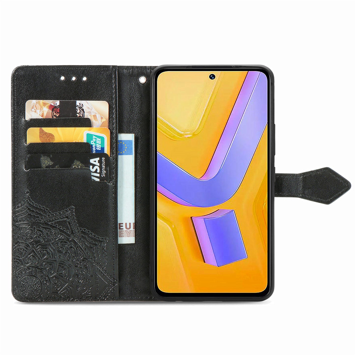 For vivo V40 SE 5G Case Embossed Mandala Leather Phone Cover Magnetic Flip Wallet - Black