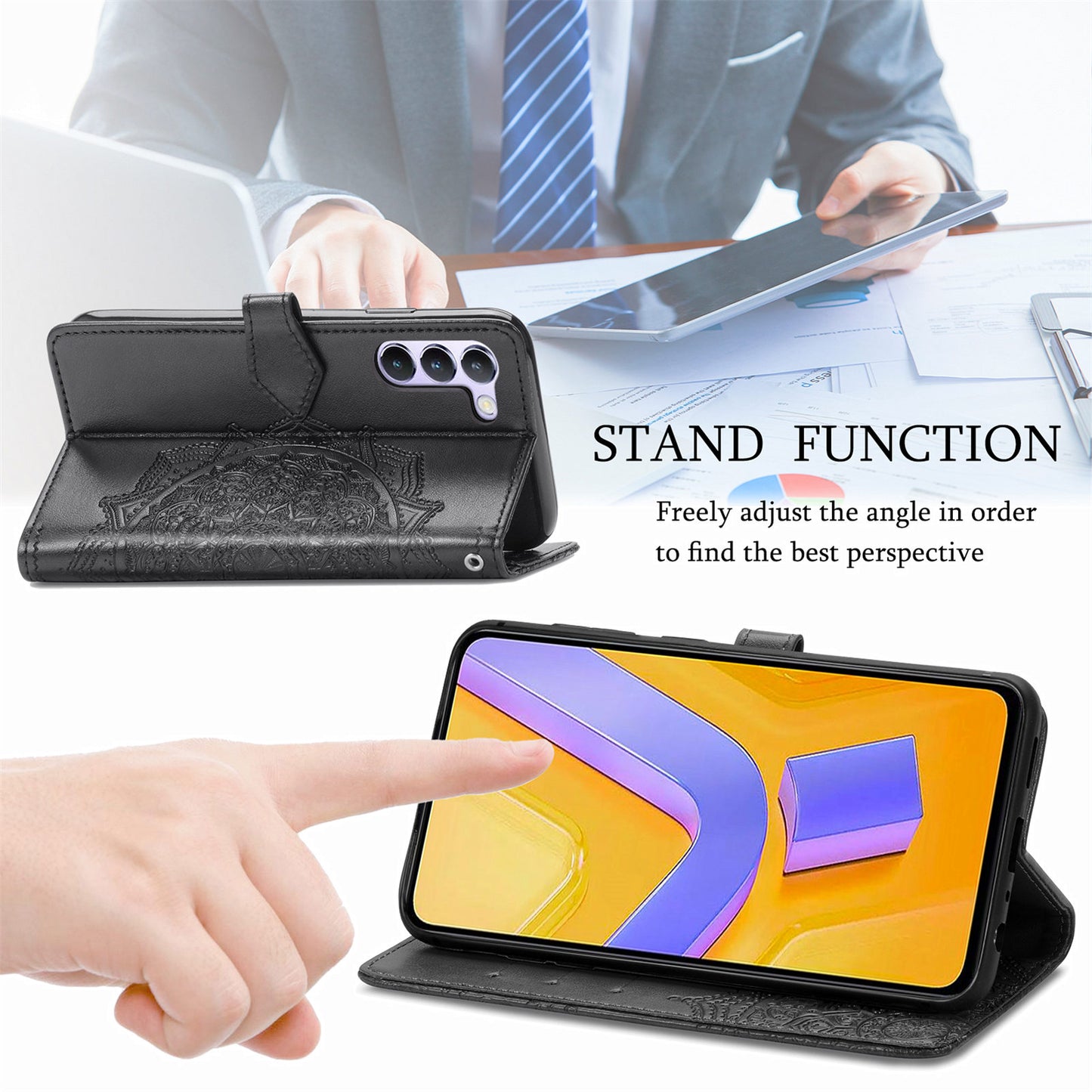 For vivo V40 SE 5G Case Embossed Mandala Leather Phone Cover Magnetic Flip Wallet - Black