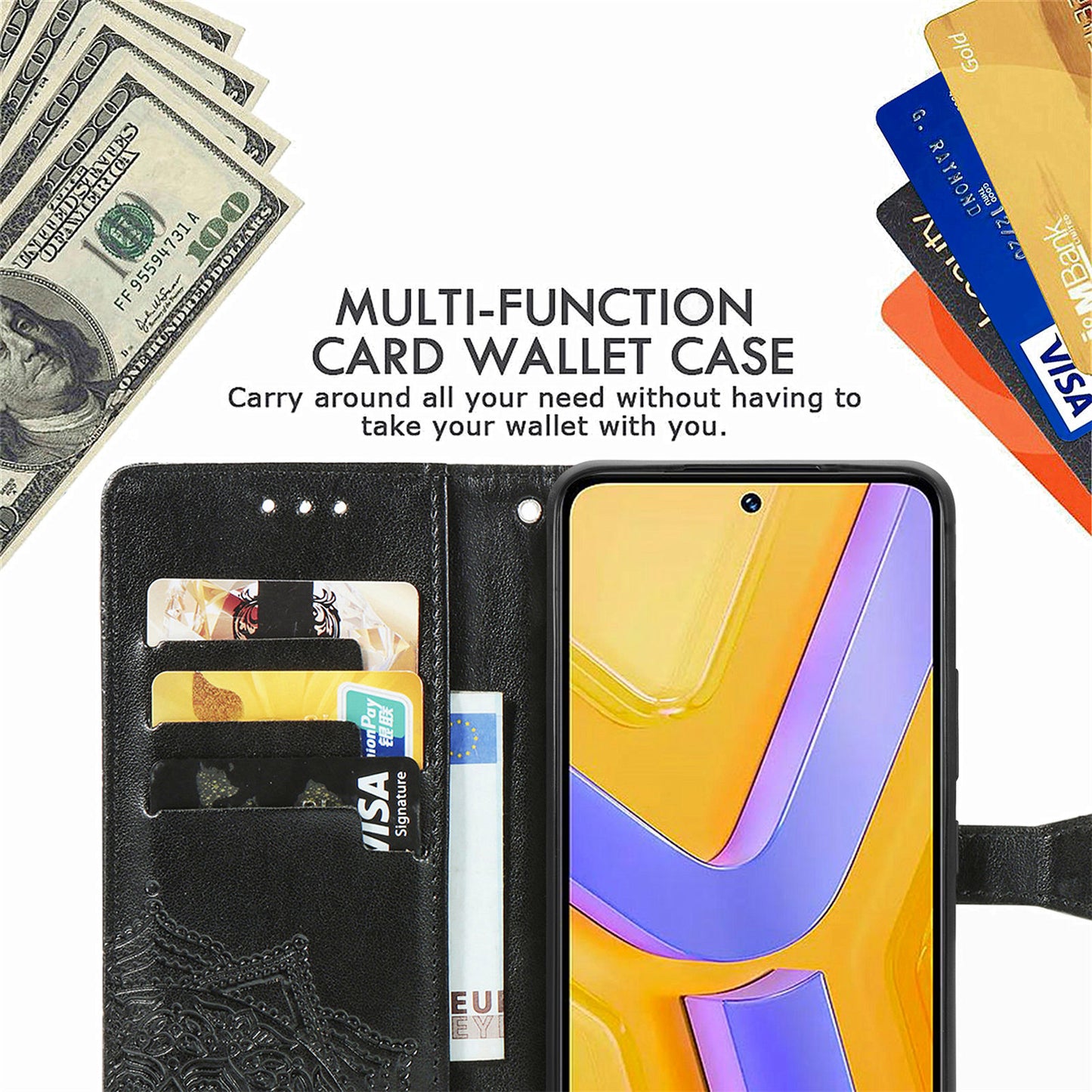 For vivo V40 SE 5G Case Embossed Mandala Leather Phone Cover Magnetic Flip Wallet - Black