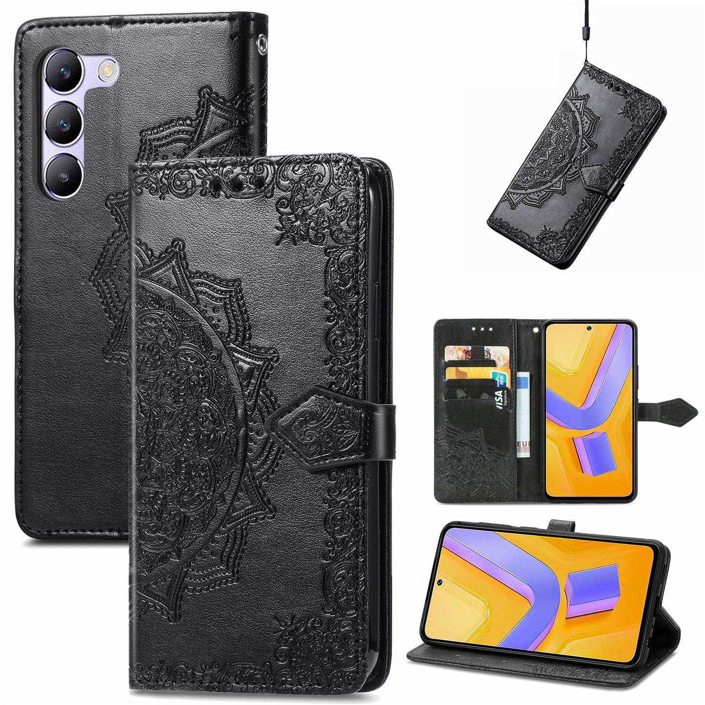 For vivo V40 SE 5G Case Embossed Mandala Leather Phone Cover Magnetic Flip Wallet - Black