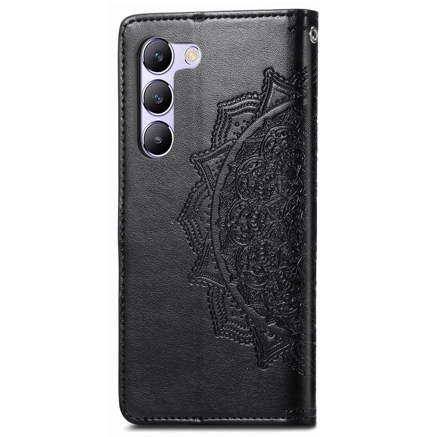For vivo V40 SE 5G Case Embossed Mandala Leather Phone Cover Magnetic Flip Wallet - Black
