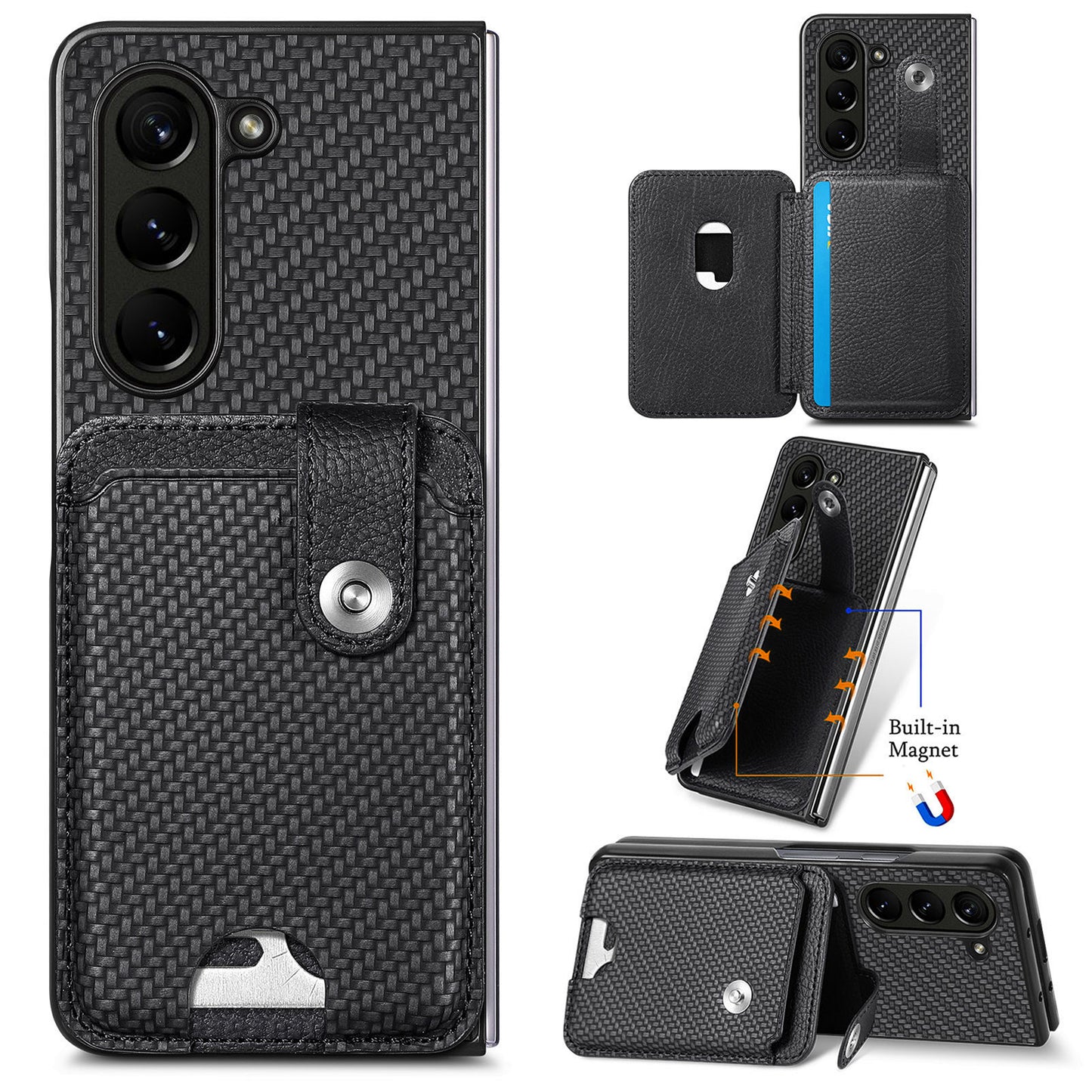 For Samsung Galaxy Z Fold6 5G Case Card Holder Leather Back Cover Carbon Fiber Texture - Black