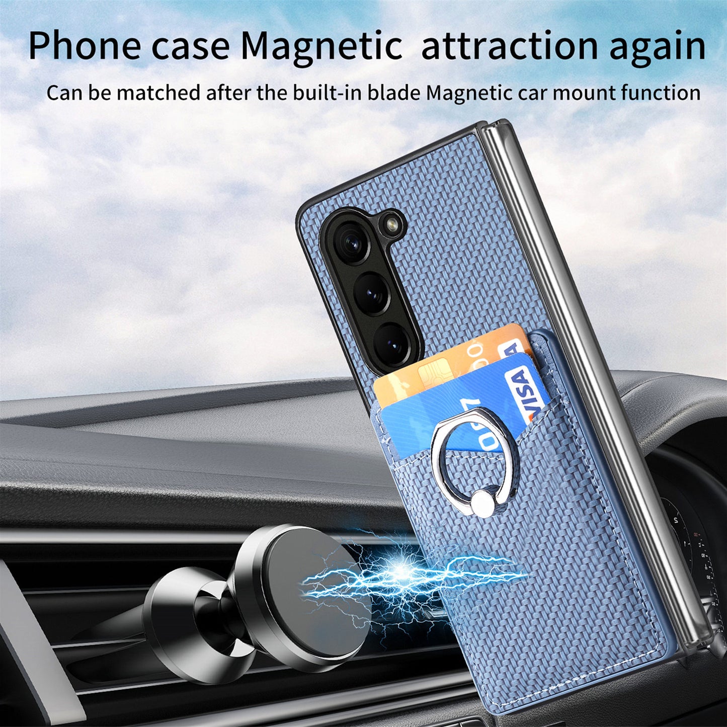 For Samsung Galaxy Z Fold6 5G Case Carbon Fiber Leather Back Cover Ring Holder Kickstand - Blue