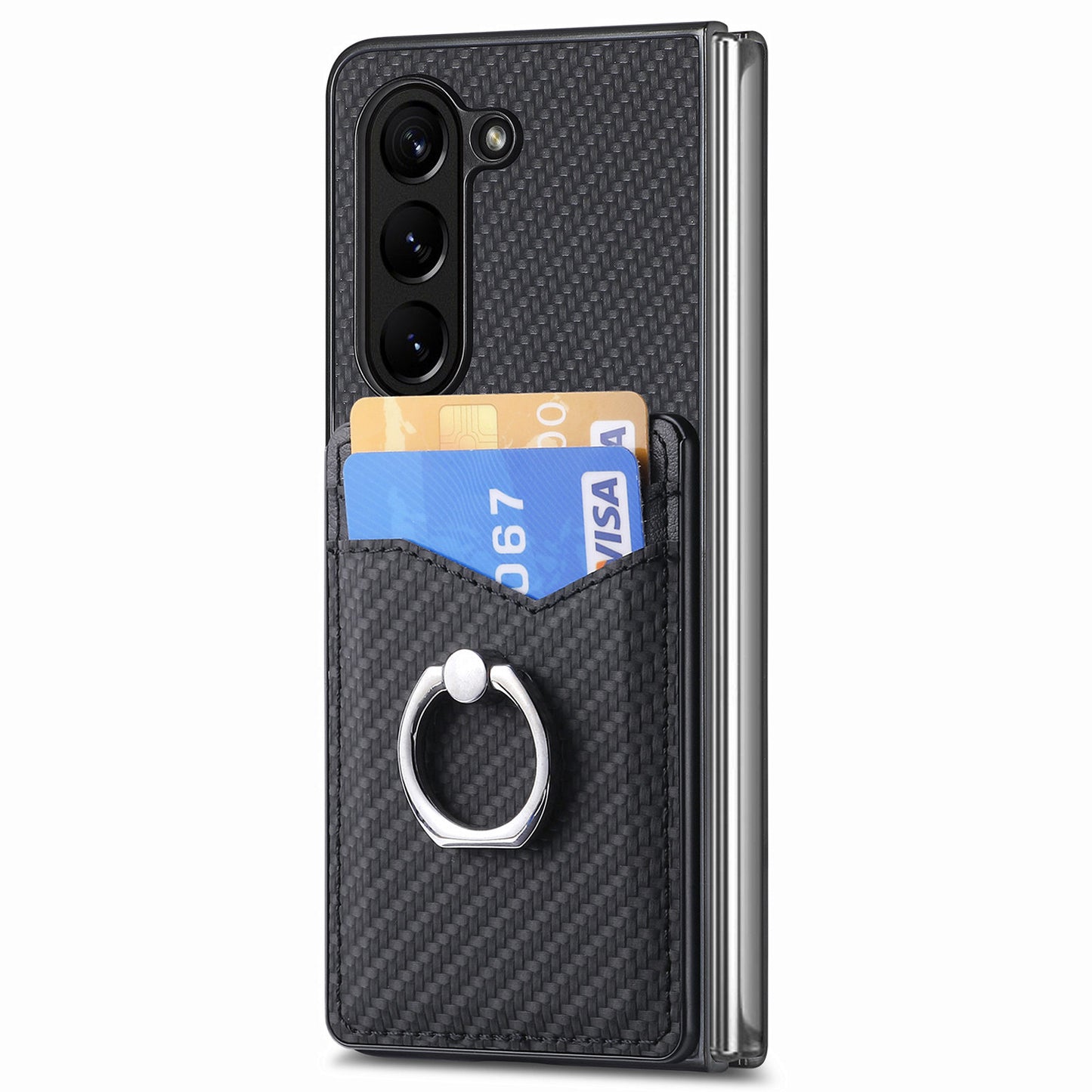 For Samsung Galaxy Z Fold6 5G Case Carbon Fiber Leather Back Cover Ring Holder Kickstand - Black