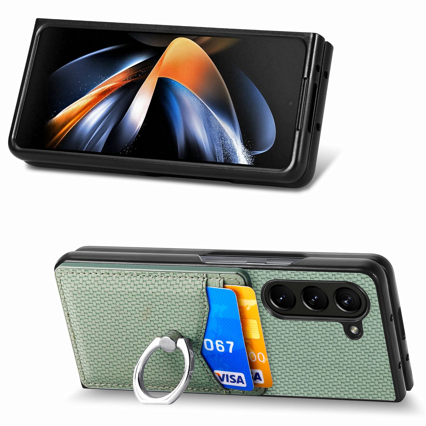 For Samsung Galaxy Z Fold6 5G Case Carbon Fiber Leather Back Cover Ring Holder Kickstand - Green