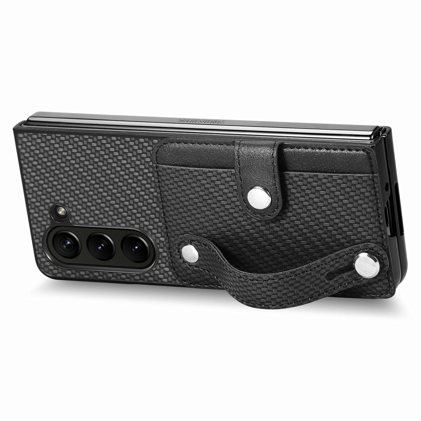 For Samsung Galaxy Z Fold6 5G Case Wristband PU Leather Phone Back Cover Carbon Fiber Texture - Black