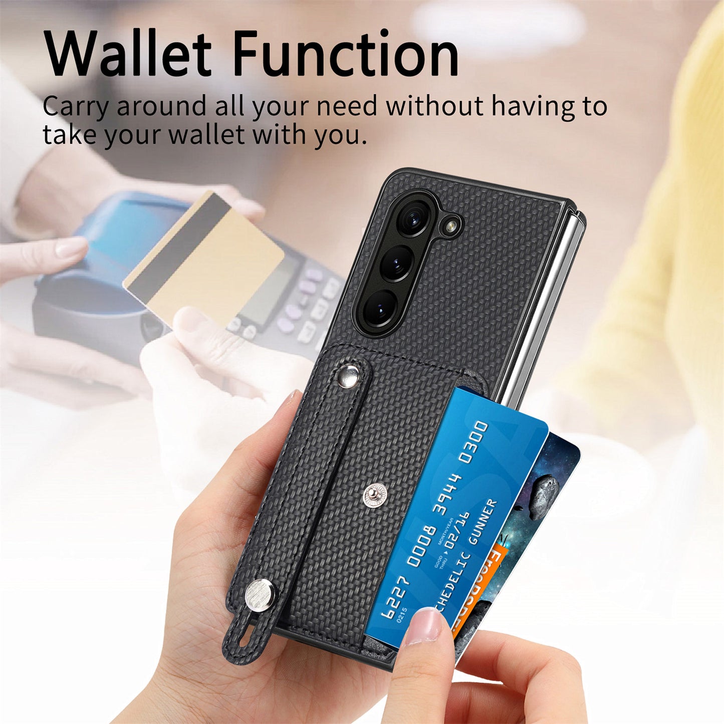 For Samsung Galaxy Z Fold6 5G Case Wristband PU Leather Phone Back Cover Carbon Fiber Texture - Black