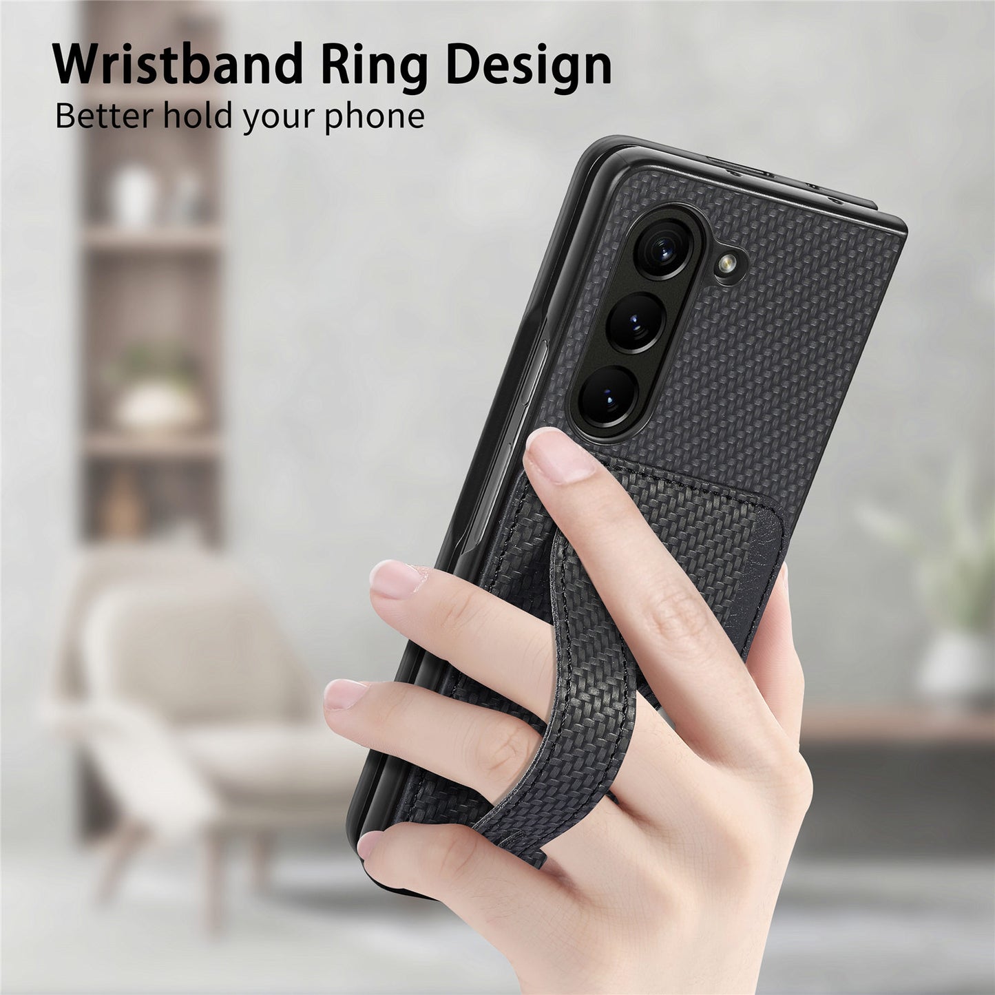 For Samsung Galaxy Z Fold6 5G Case Wristband PU Leather Phone Back Cover Carbon Fiber Texture - Black