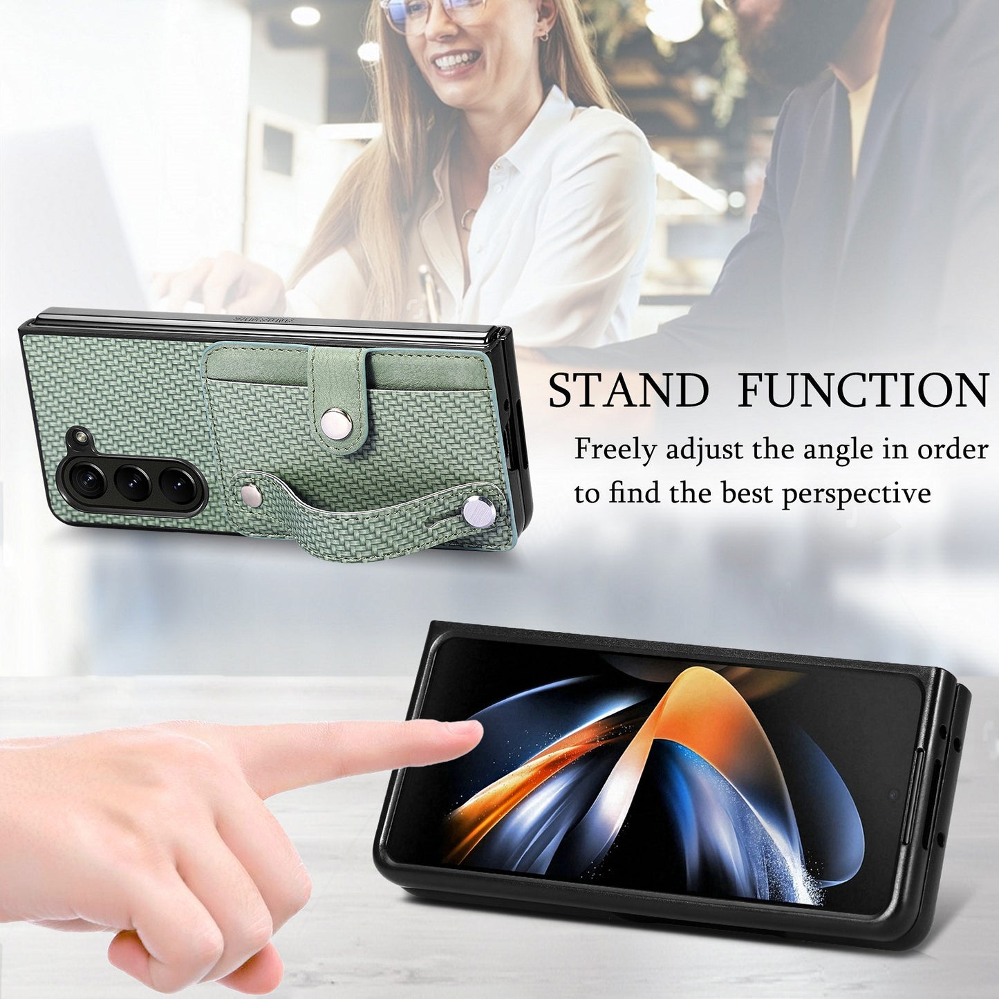 For Samsung Galaxy Z Fold6 5G Case Wristband PU Leather Phone Back Cover Carbon Fiber Texture - Green