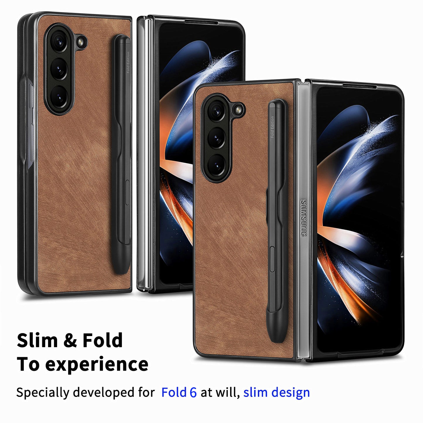 For Samsung Galaxy Z Fold6 5G Case Retro PU Leather+PC Cover with Pen Slot - Brown
