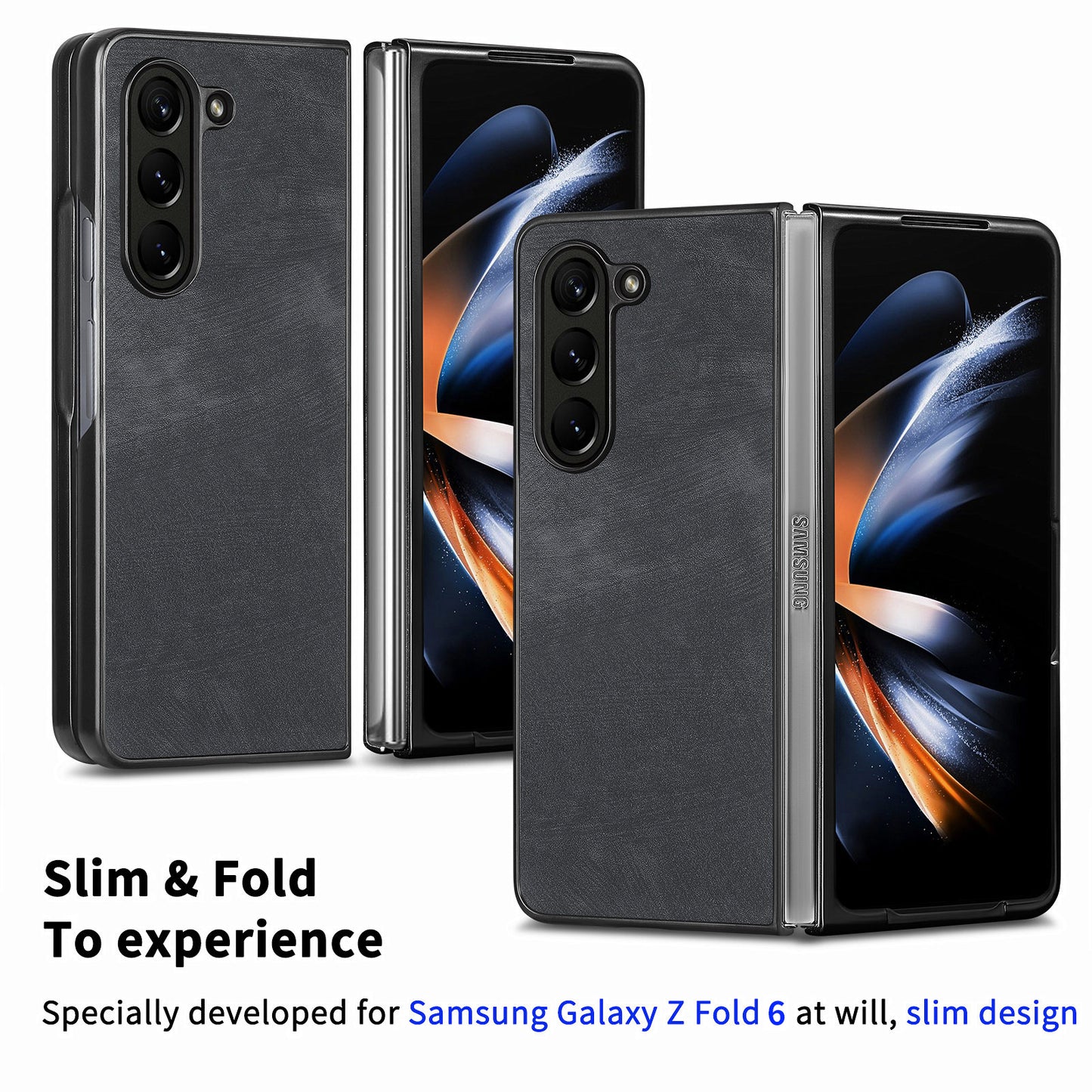 For Samsung Galaxy Z Fold6 5G Case Retro PU Leather Coated PC Folding Phone Cover - Black