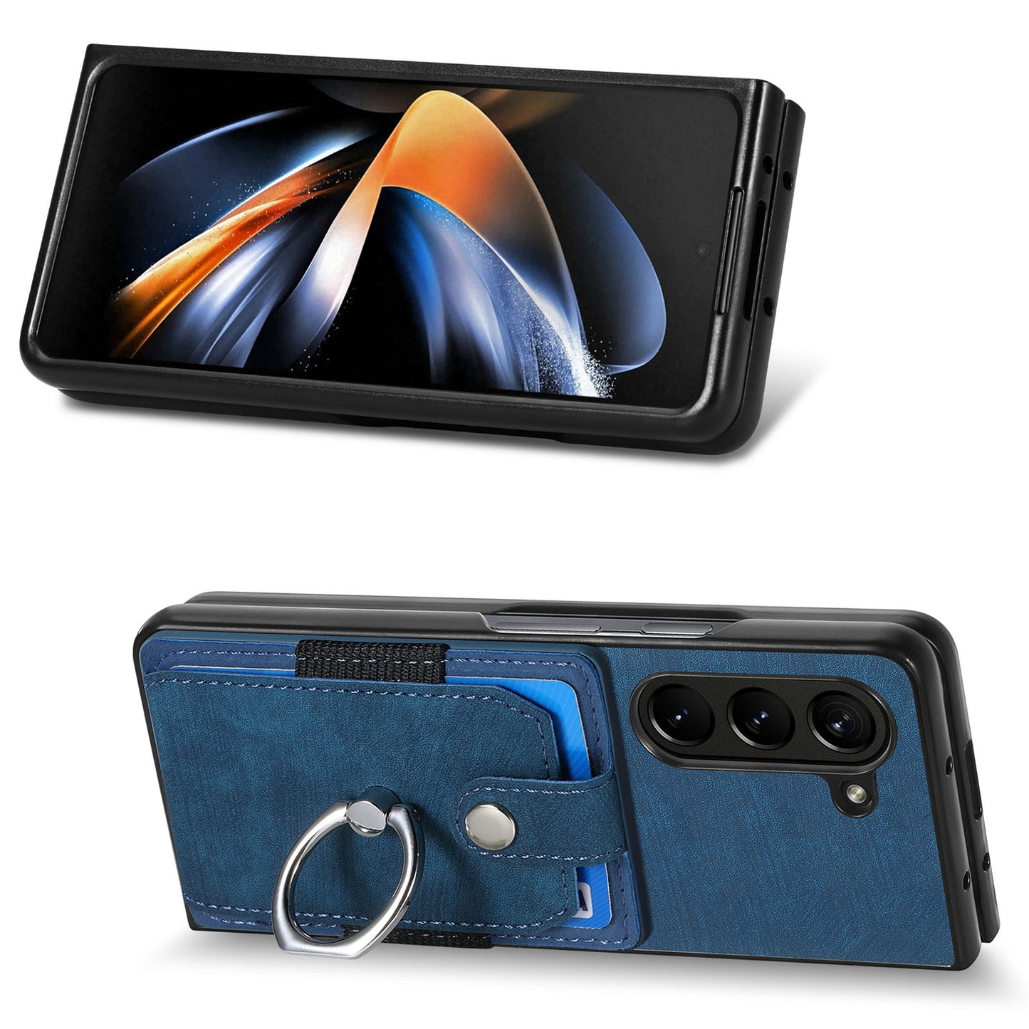 D2 For Samsung Galaxy Z Fold6 5G Case Card Slot Ring Kickstand Leather+PC Phone Cover - Blue