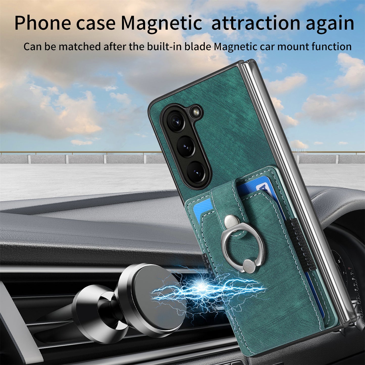 D2 For Samsung Galaxy Z Fold6 5G Case Card Slot Ring Kickstand Leather+PC Phone Cover - Green