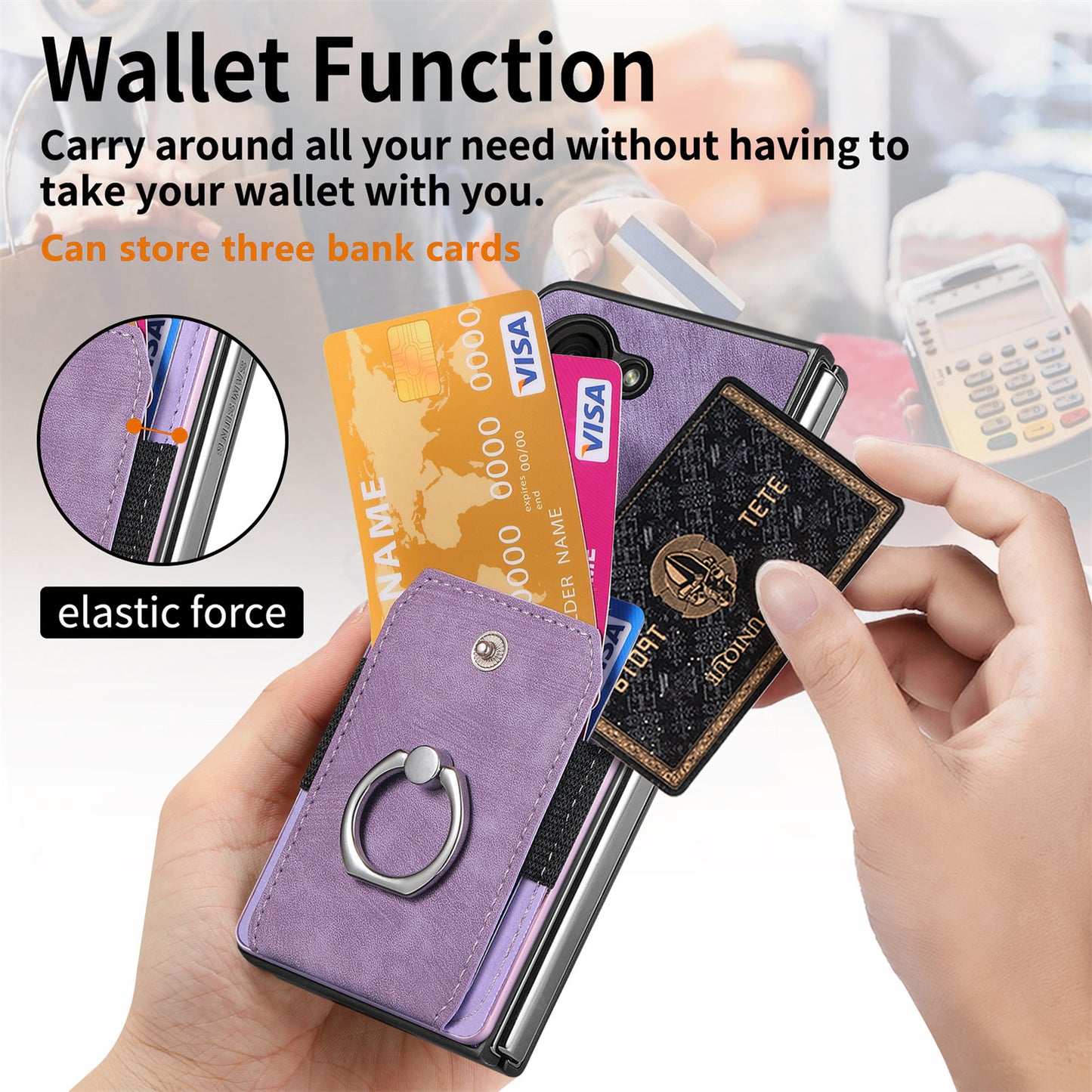 D2 For Samsung Galaxy Z Fold6 5G Case Card Slot Ring Kickstand Leather+PC Phone Cover - Purple