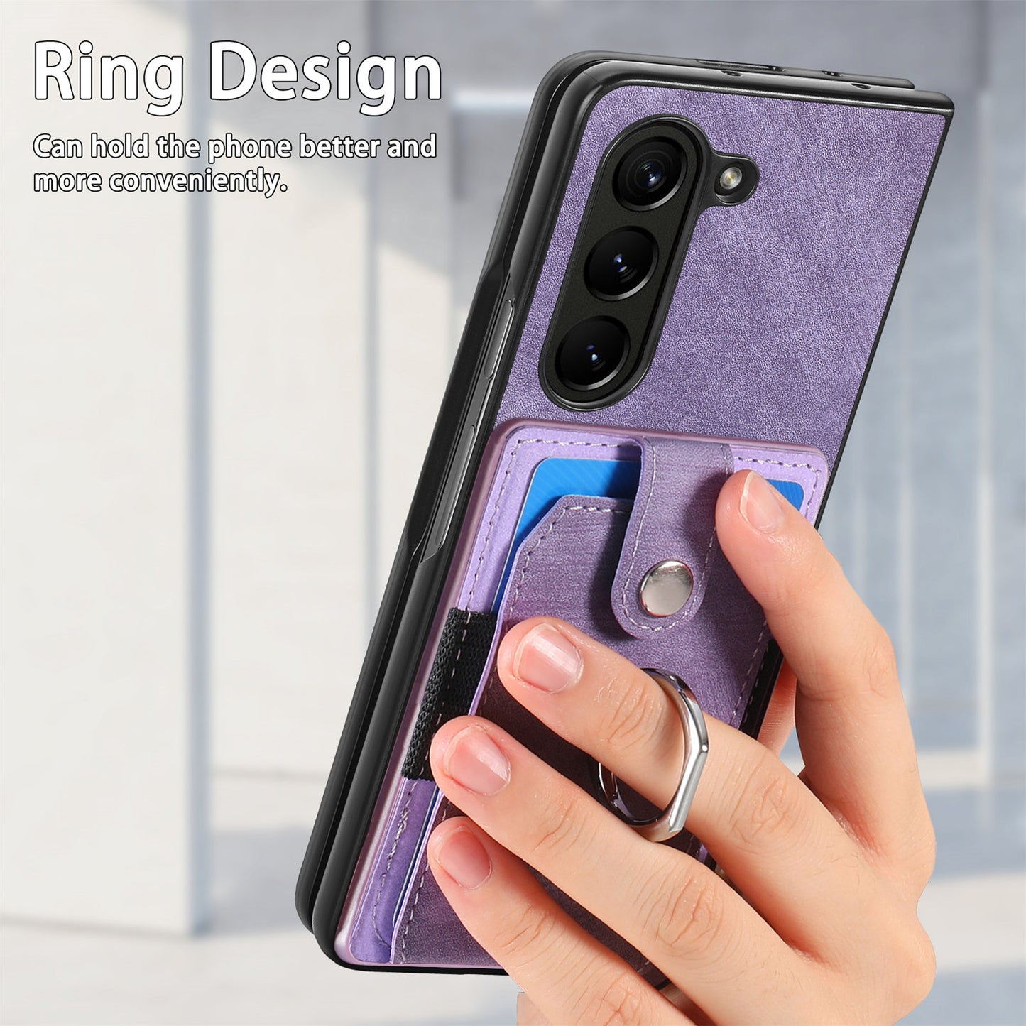 D2 For Samsung Galaxy Z Fold6 5G Case Card Slot Ring Kickstand Leather+PC Phone Cover - Purple