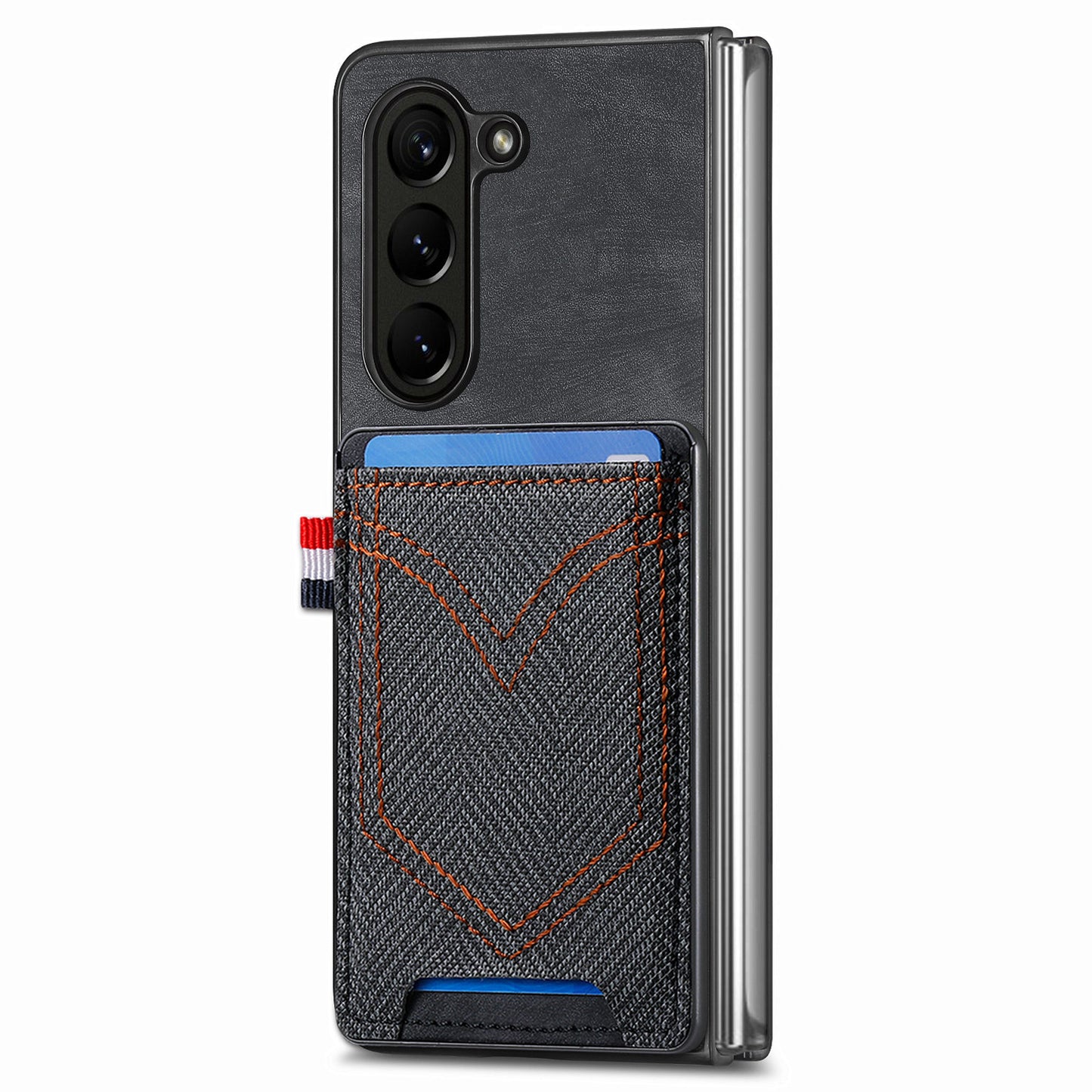 For Samsung Galaxy Z Fold6 5G Case Leather+PC Phone Cover with Denim Texture Card Holder - Black