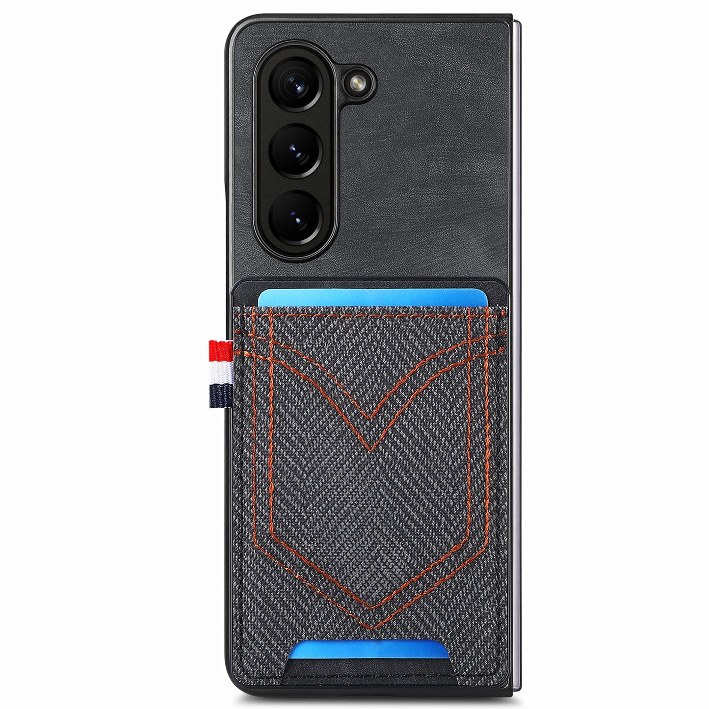 For Samsung Galaxy Z Fold6 5G Case Leather+PC Phone Cover with Denim Texture Card Holder - Black