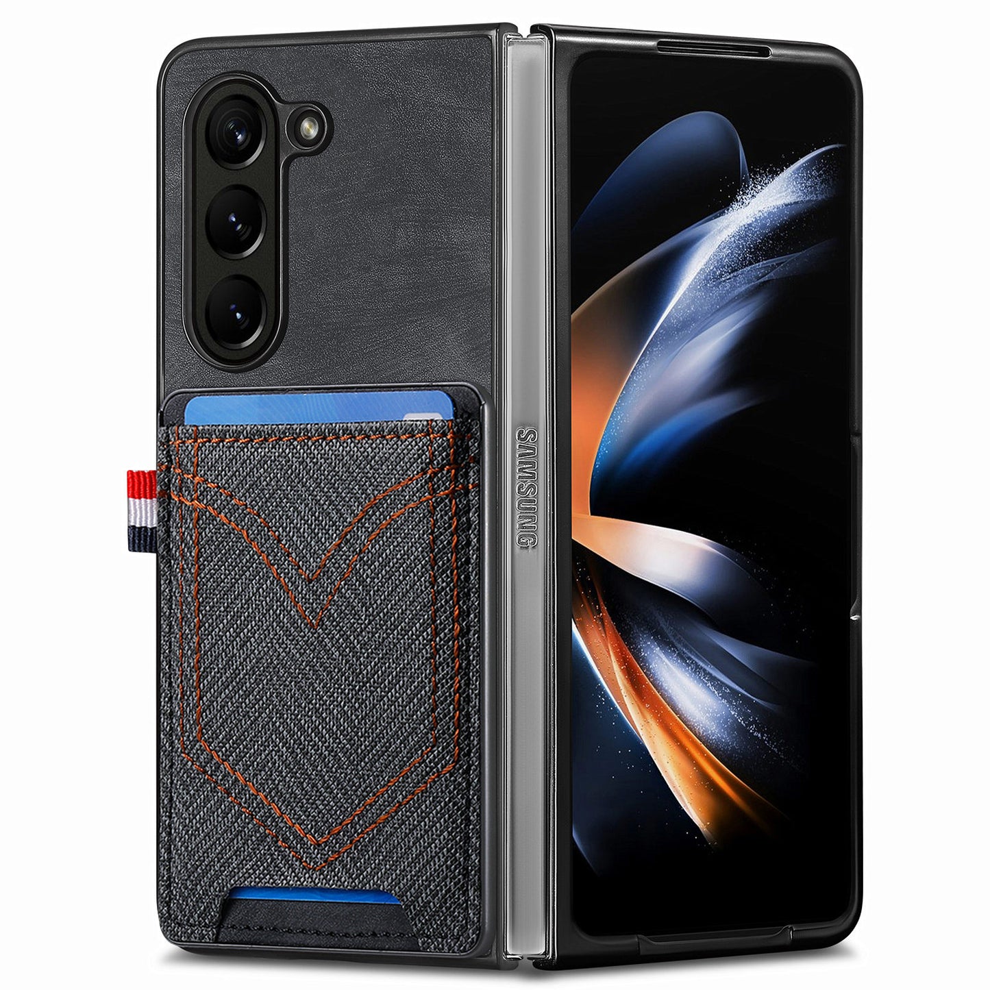 For Samsung Galaxy Z Fold6 5G Case Leather+PC Phone Cover with Denim Texture Card Holder - Black