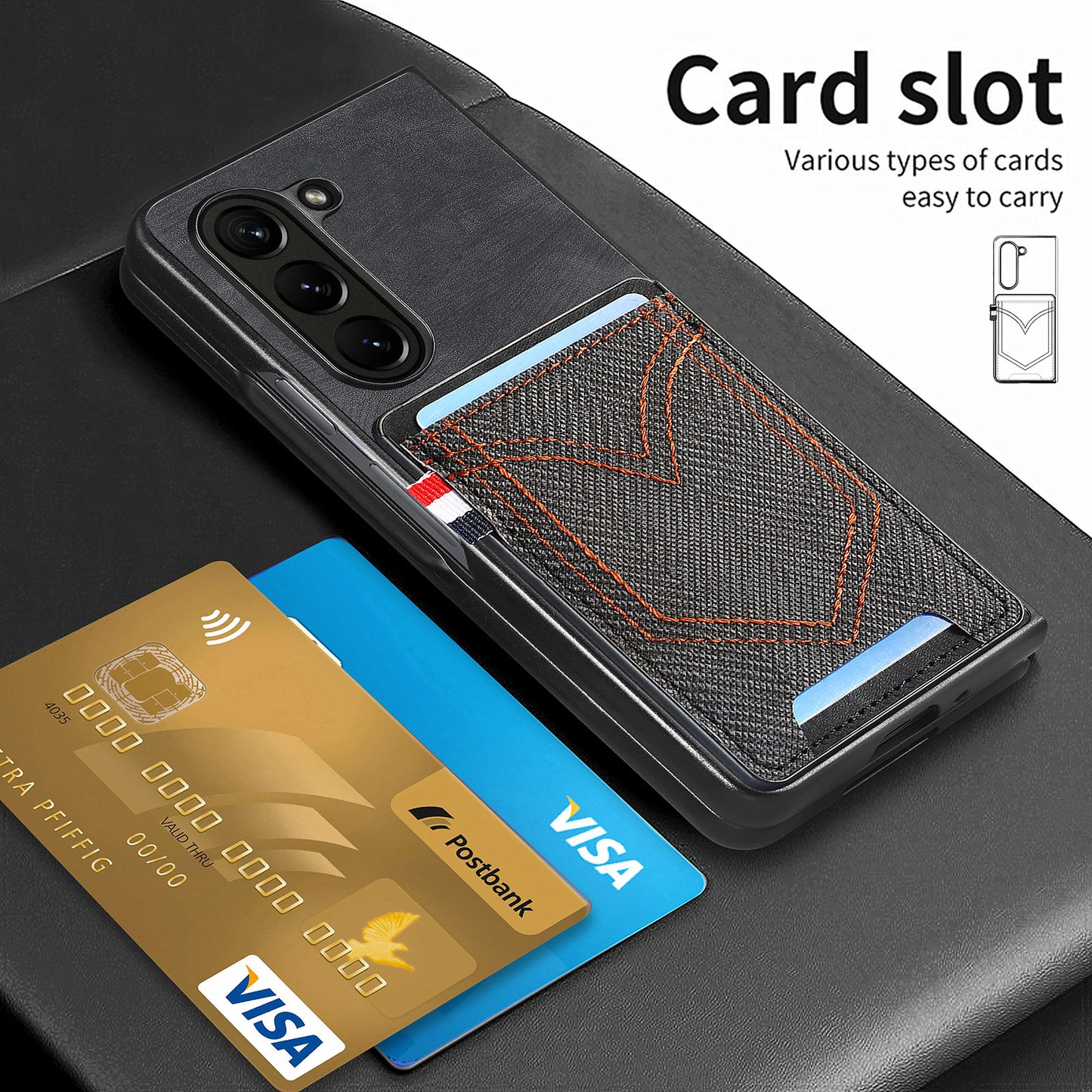 For Samsung Galaxy Z Fold6 5G Case Leather+PC Phone Cover with Denim Texture Card Holder - Black
