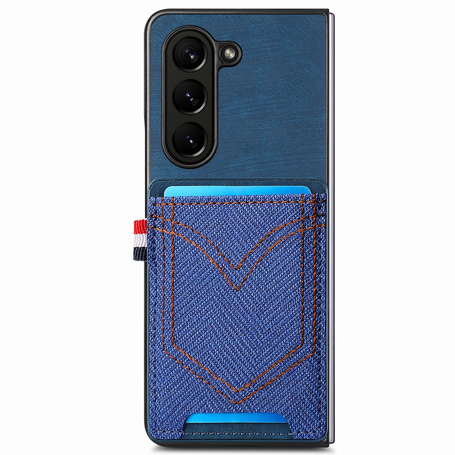 For Samsung Galaxy Z Fold6 5G Case Leather+PC Phone Cover with Denim Texture Card Holder - Blue