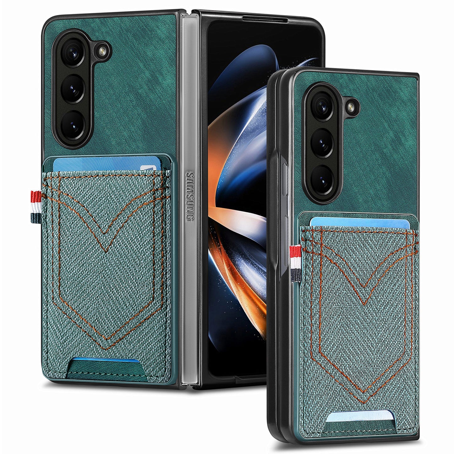 For Samsung Galaxy Z Fold6 5G Case Leather+PC Phone Cover with Denim Texture Card Holder - Green