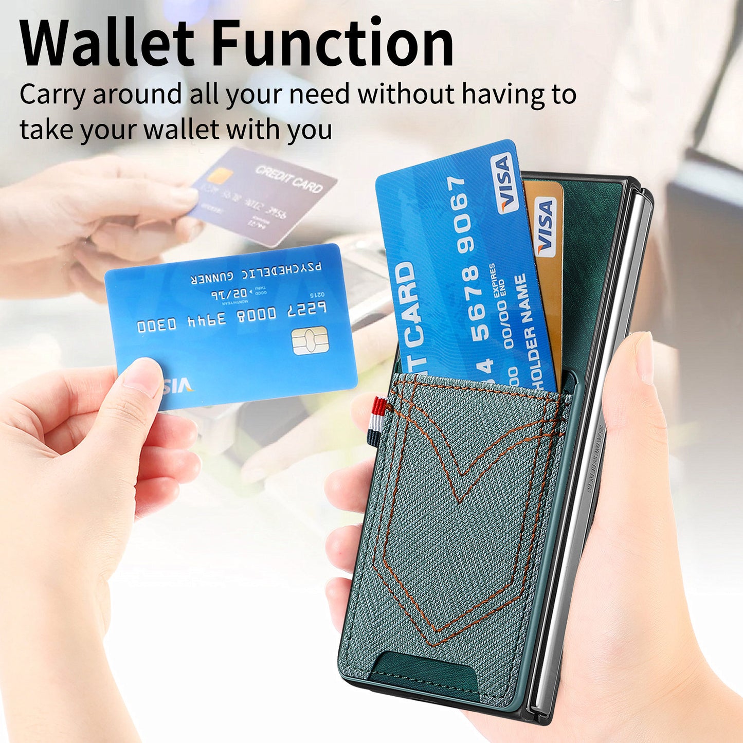 For Samsung Galaxy Z Fold6 5G Case Leather+PC Phone Cover with Denim Texture Card Holder - Green