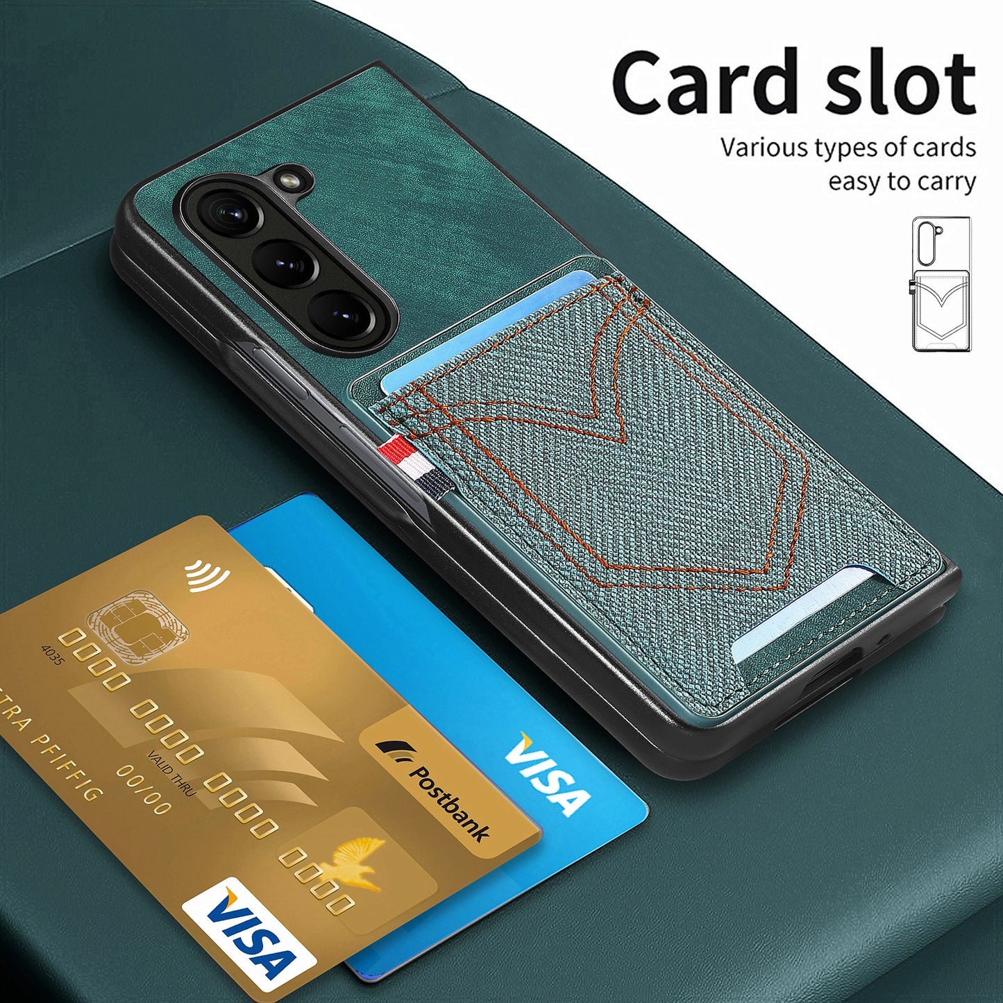 For Samsung Galaxy Z Fold6 5G Case Leather+PC Phone Cover with Denim Texture Card Holder - Green