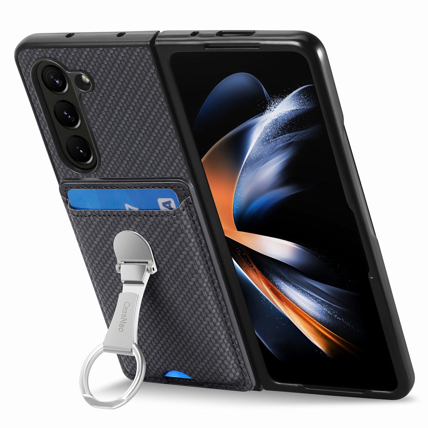 For Samsung Galaxy Z Fold6 5G Case Card Slot Carbon Fiber Texture Leather+PC Phone Cover - Black