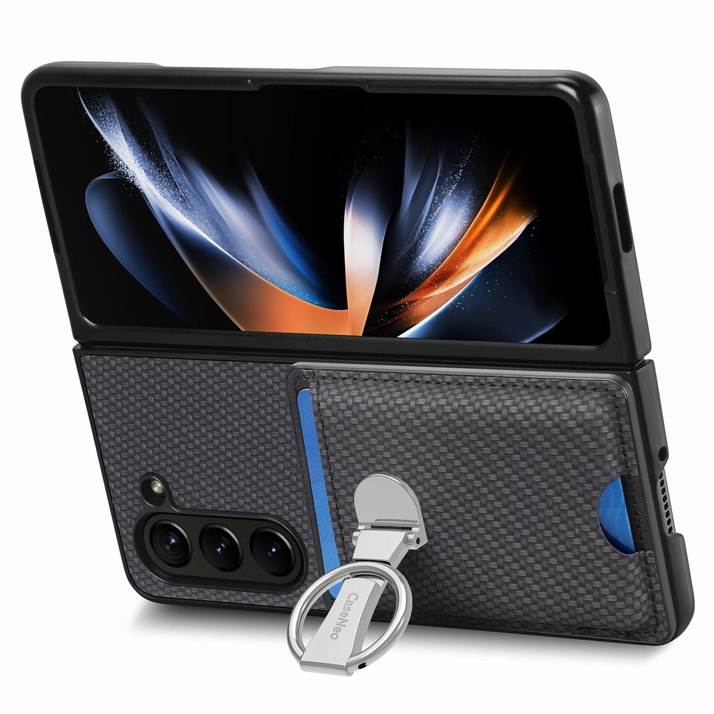For Samsung Galaxy Z Fold6 5G Case Card Slot Carbon Fiber Texture Leather+PC Phone Cover - Black