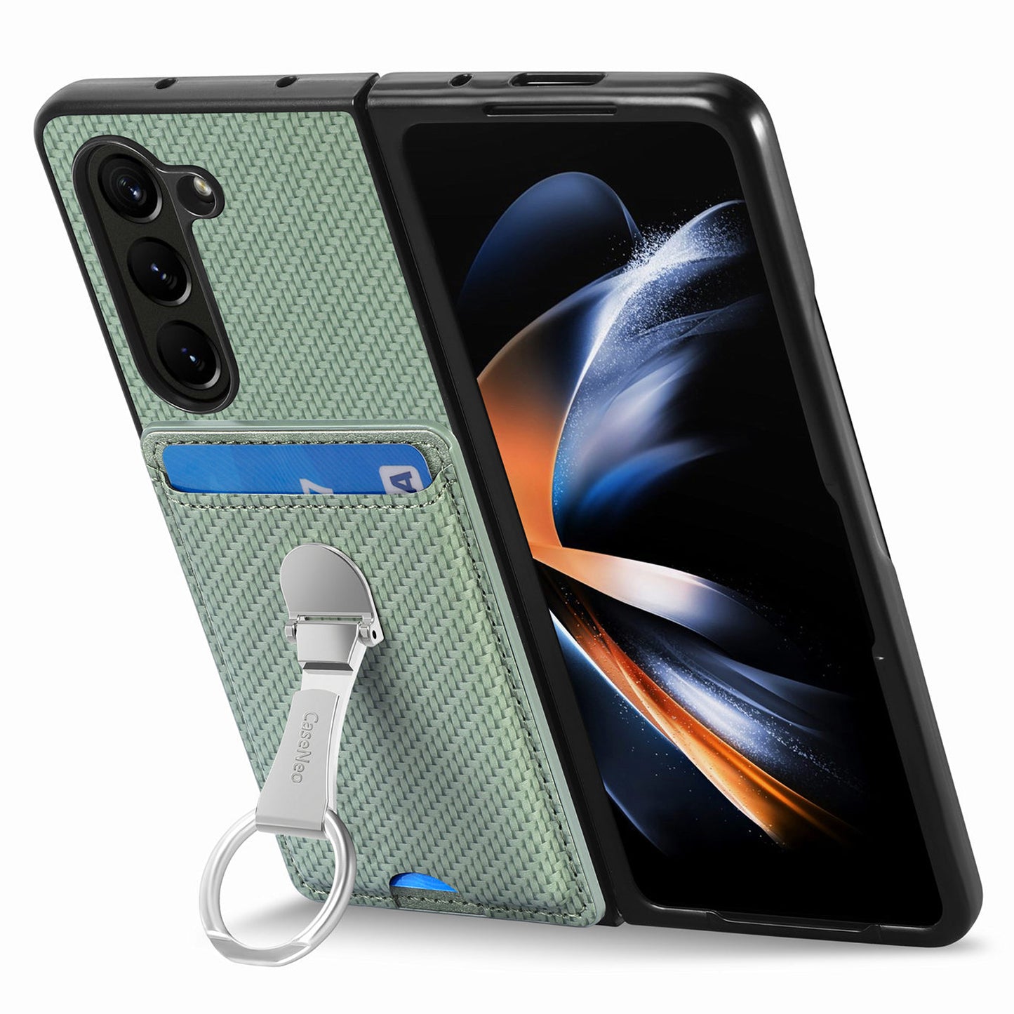 For Samsung Galaxy Z Fold6 5G Case Card Slot Carbon Fiber Texture Leather+PC Phone Cover - Green