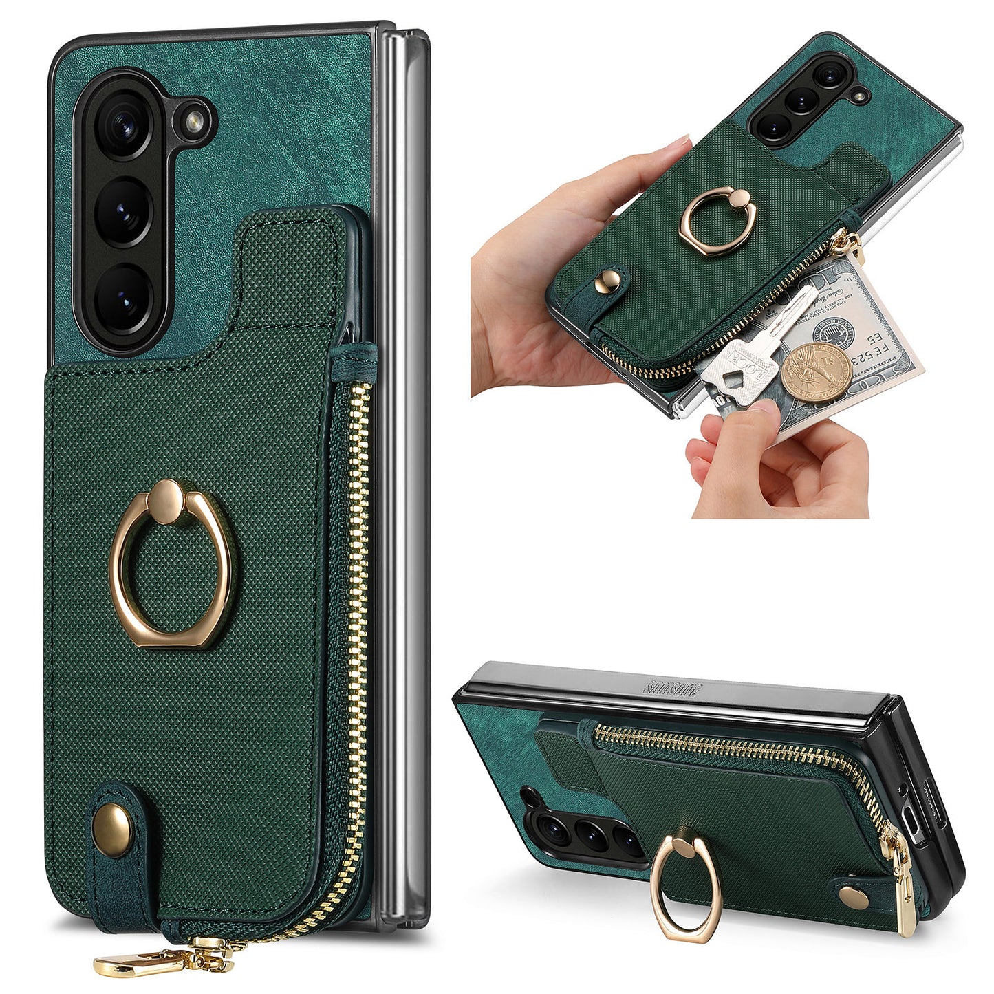 D8 For Samsung Galaxy Z Fold6 5G Case Zipper Pocket Ring Holder Leather+PC Phone Cover - Green
