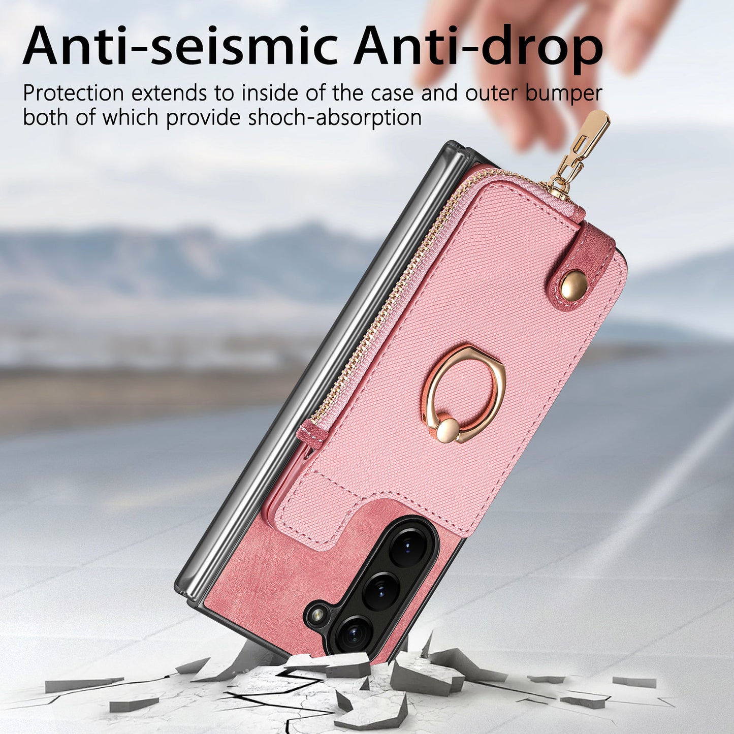 D8 For Samsung Galaxy Z Fold6 5G Case Zipper Pocket Ring Holder Leather+PC Phone Cover - Pink