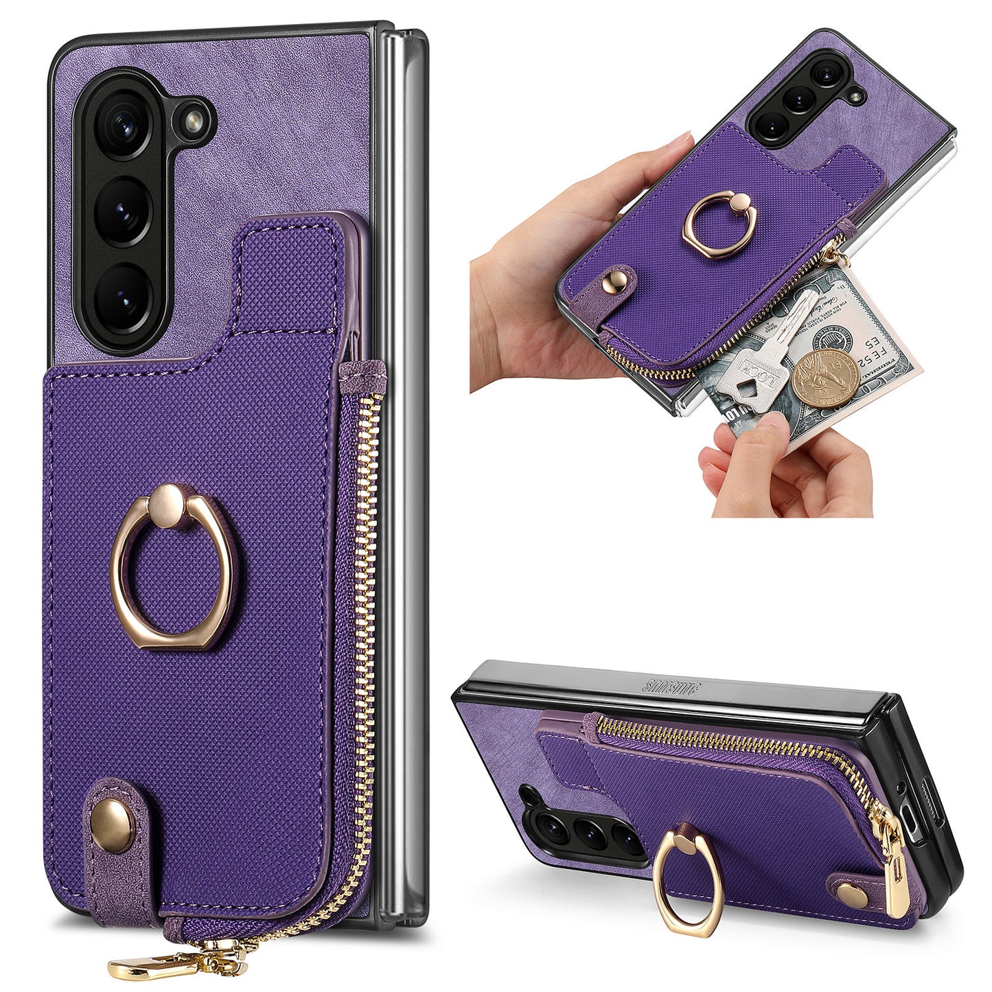 D8 For Samsung Galaxy Z Fold6 5G Case Zipper Pocket Ring Holder Leather+PC Phone Cover - Purple