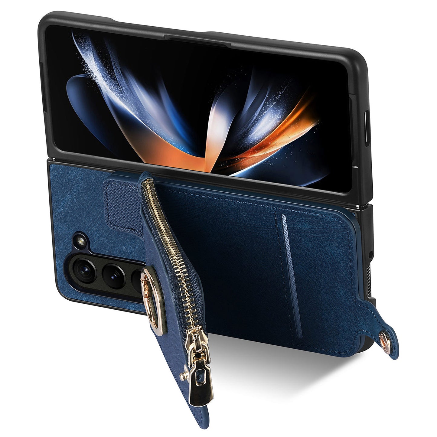 D8 For Samsung Galaxy Z Fold6 5G Case Zipper Pocket Ring Holder Leather+PC Phone Cover - Blue