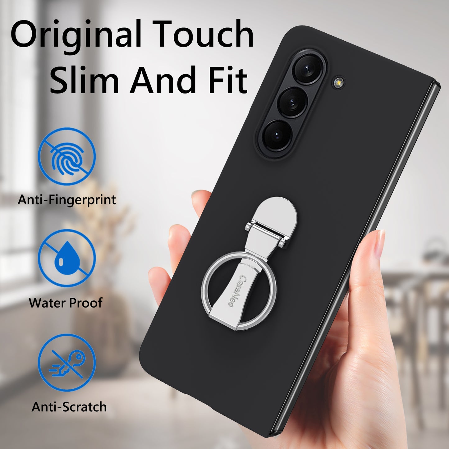 For Samsung Galaxy Z Fold6 5G Case Ring Holder PC Phone Cover with Tempered Glass Film - Black
