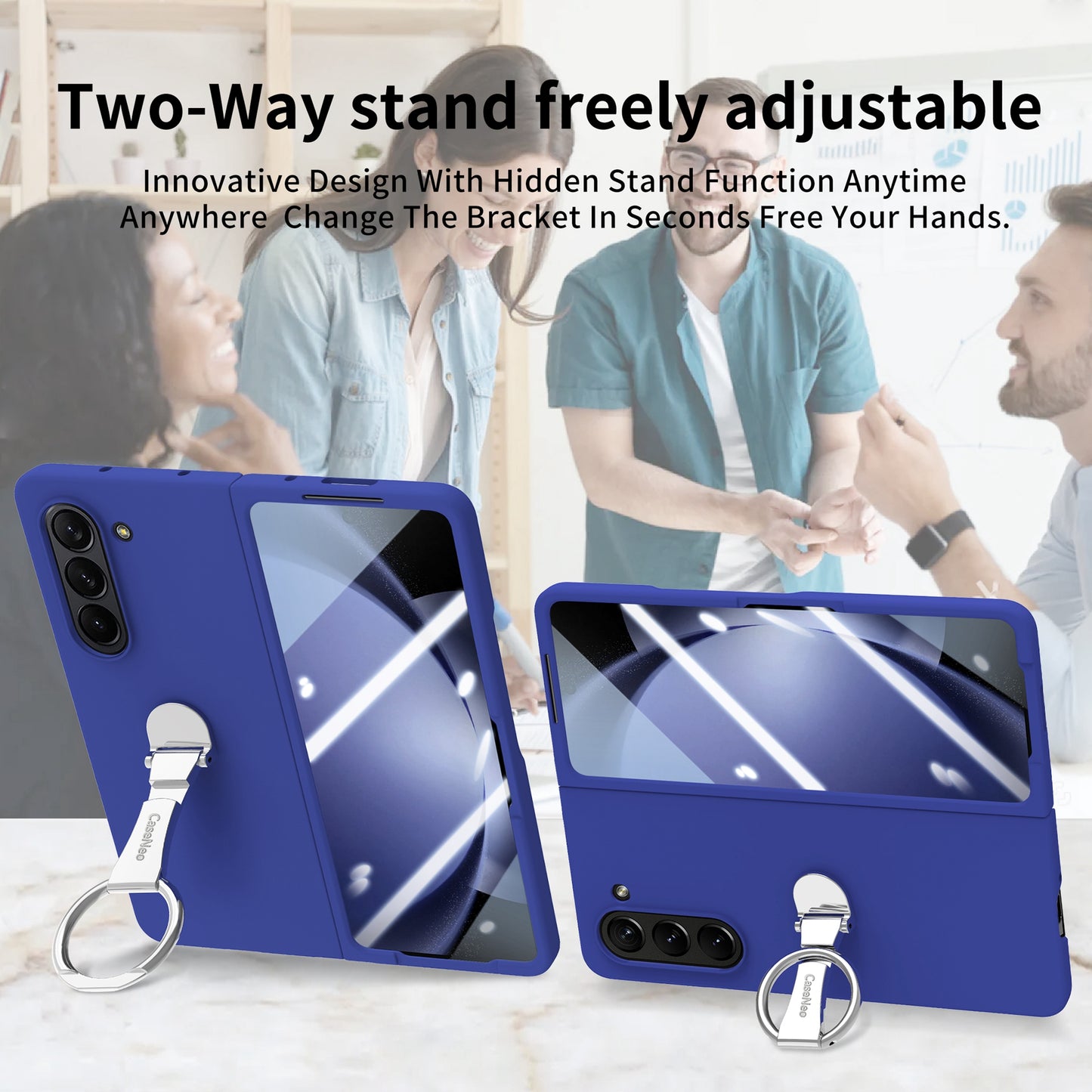 For Samsung Galaxy Z Fold6 5G Case Ring Holder PC Phone Cover with Tempered Glass Film - Dark Blue