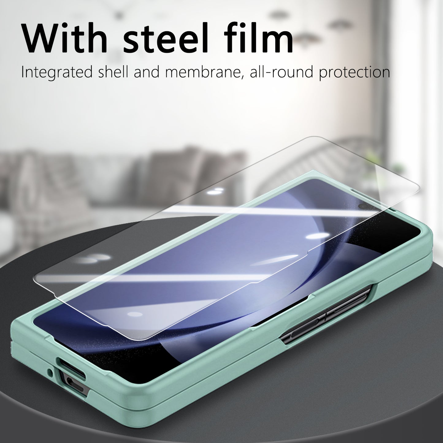 For Samsung Galaxy Z Fold6 5G Case Ring Holder PC Phone Cover with Tempered Glass Film - Light Green