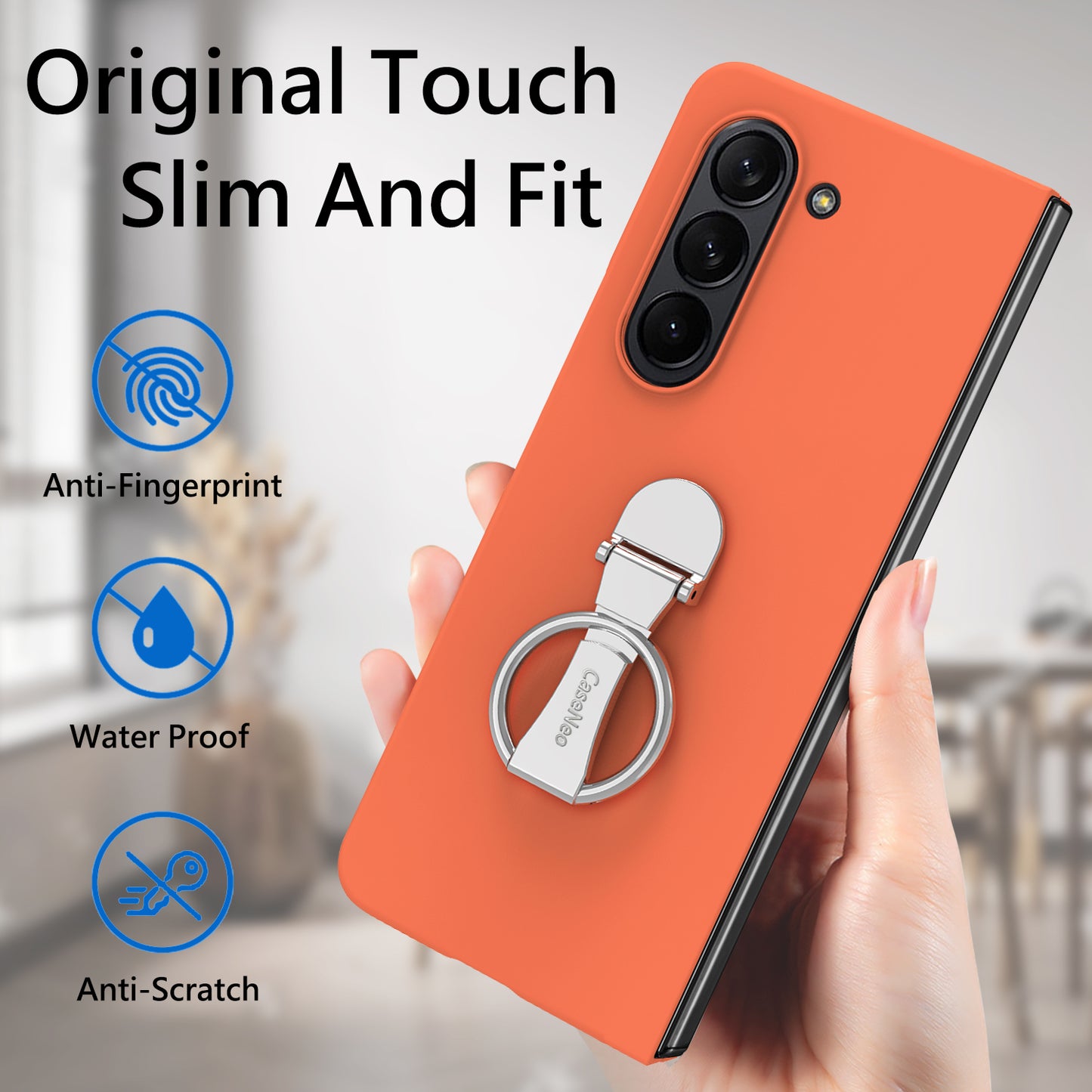 For Samsung Galaxy Z Fold6 5G Case Ring Holder PC Phone Cover with Tempered Glass Film - Orange