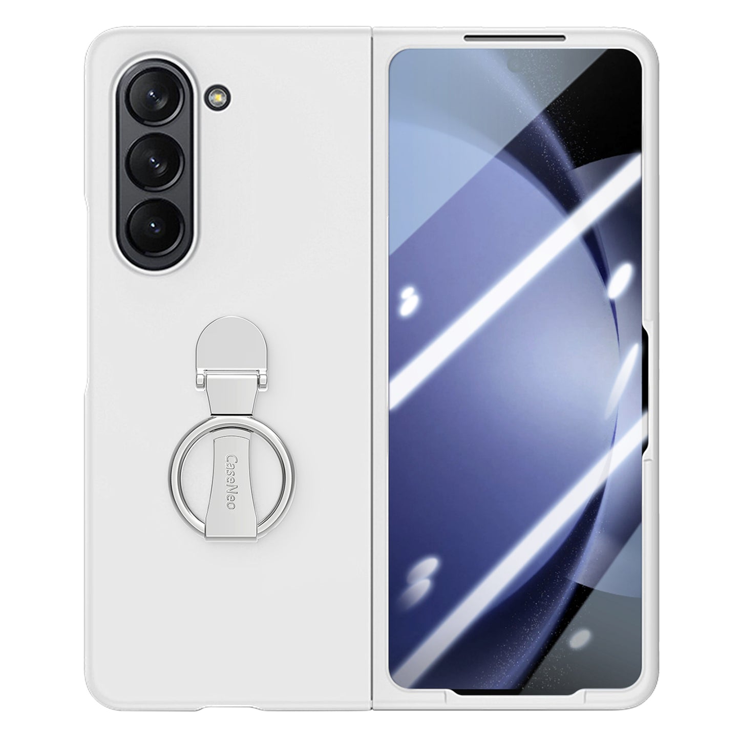 For Samsung Galaxy Z Fold6 5G Case Ring Holder PC Phone Cover with Tempered Glass Film - White