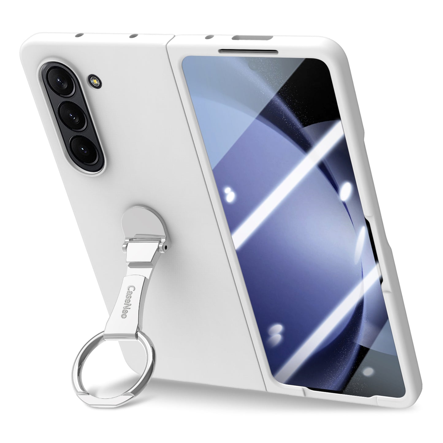 For Samsung Galaxy Z Fold6 5G Case Ring Holder PC Phone Cover with Tempered Glass Film - White