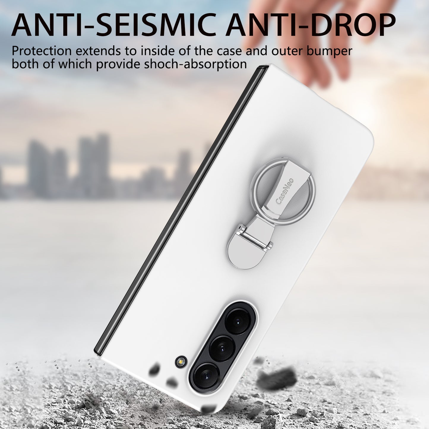 For Samsung Galaxy Z Fold6 5G Case Ring Holder PC Phone Cover with Tempered Glass Film - White