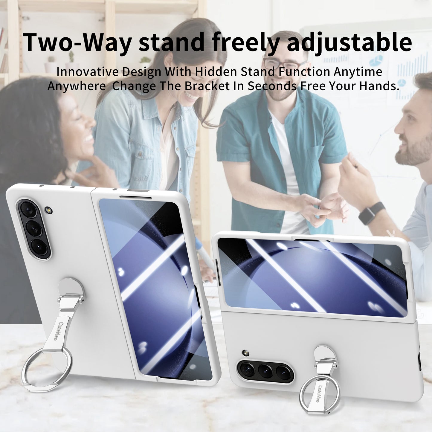 For Samsung Galaxy Z Fold6 5G Case Ring Holder PC Phone Cover with Tempered Glass Film - White