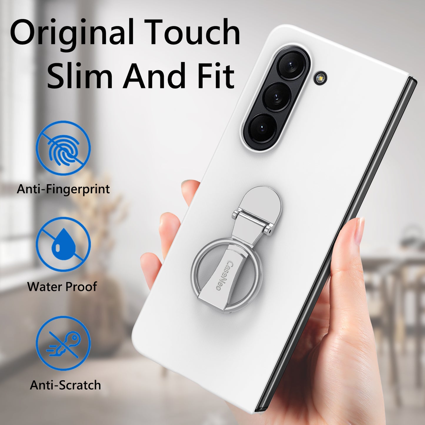 For Samsung Galaxy Z Fold6 5G Case Ring Holder PC Phone Cover with Tempered Glass Film - White