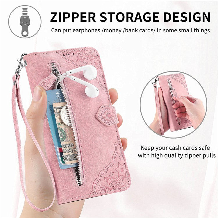 For OnePlus Nord CE4 5G Wallet Case Zipper Folio Leather Phone Cover Imprinted Floral - Pink