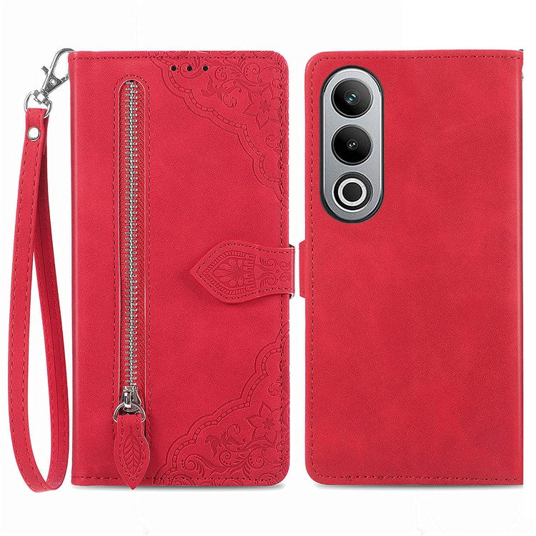 For OnePlus Nord CE4 5G Wallet Case Zipper Folio Leather Phone Cover Imprinted Floral - Red