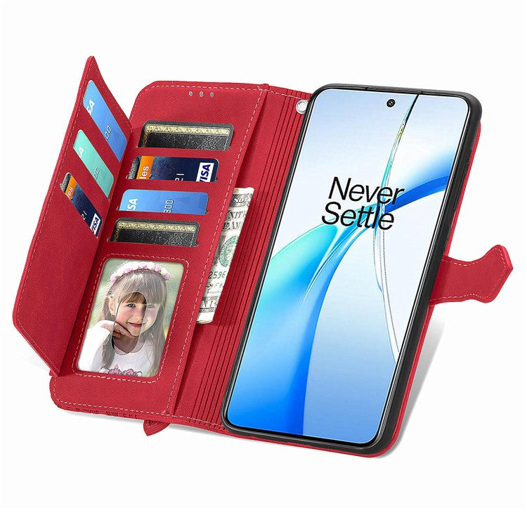 For OnePlus Nord CE4 5G Wallet Case Zipper Folio Leather Phone Cover Imprinted Floral - Red